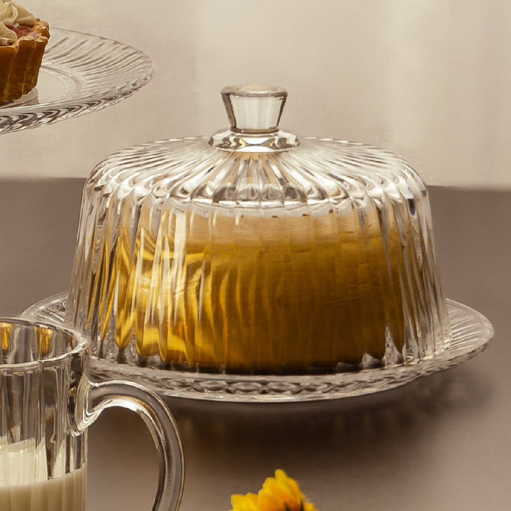 Queijeira Porta Queijo Lyor Grande com Tampa Radial Listrado Mesa Posta Requintada Luxo Café da Manhã