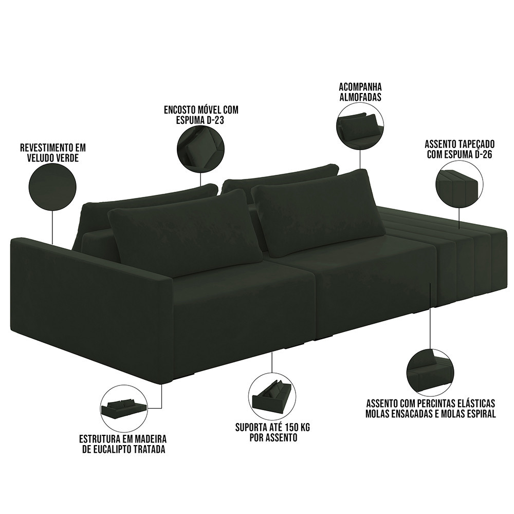 Sofá Ilha Modular Para Sala 252cm com Puff Dublin K01 Veludo Verde