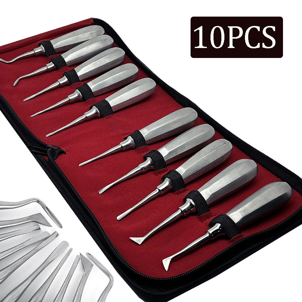 10Pcs Kit De Elevador De Extração Dental De Aço Inoxidável Conjunto De Ferramentas Odontológicas Raiz Curva Reta Instrumentos De Laboratório