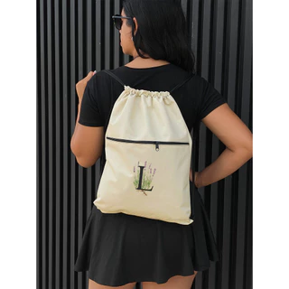 Mochila Saco Corda LETRA L Academia Esportiva Gym Bag Fitness Unissex Cordão Preto Sack Outline Nylon Resistente Sacochila