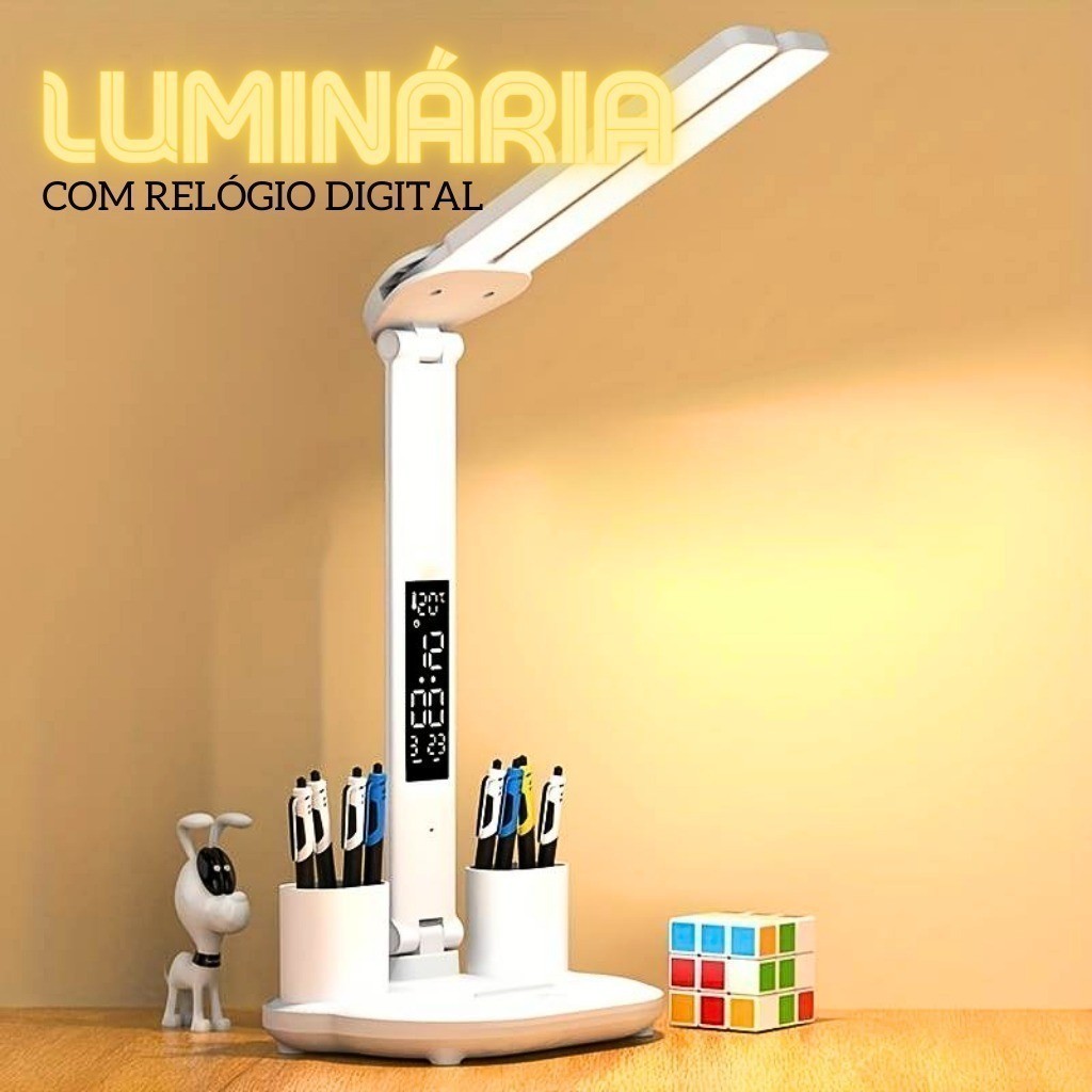 Luminária Led de Mesa Com Relógio Digital Com 3 Níveis de Cor Com Porta Caneta - LOJA AS