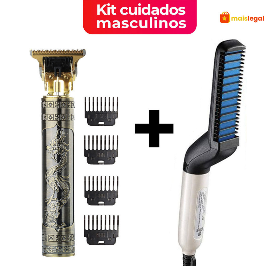 Kit cuidados masculinos - Modelador Pente Chapinha para cabelo e Barbeador Maquina cortar cabelo dragão