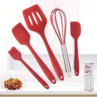 Kit De Utensílios De Cozinha Em Silicone De 5 Peças - Espátula Resistente A Altas Temperaturas, Colher, Pincel De Óleo, Batedor