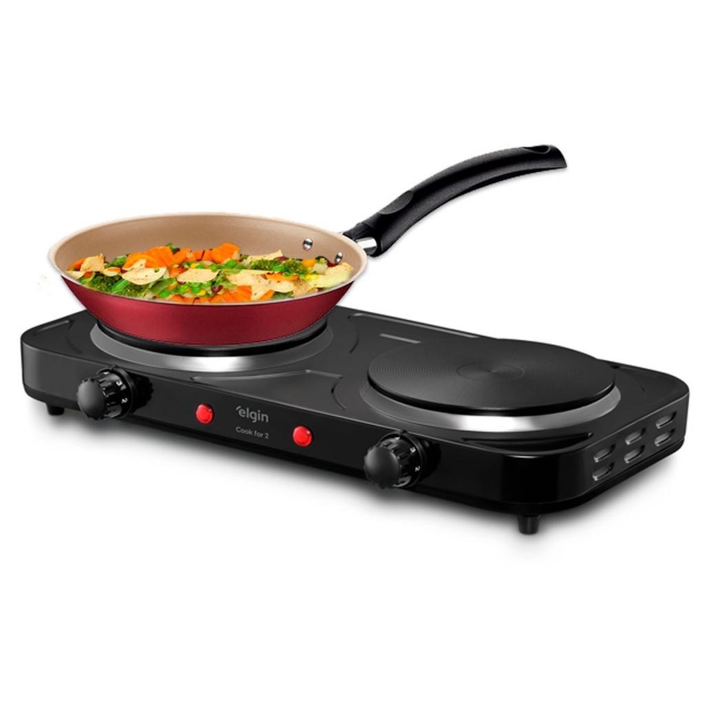 Conjunto com Fogão Elétrico Cooktop Elgin 1000w 2 bocas e Frigideira Tramontina Antiaderente 20cm