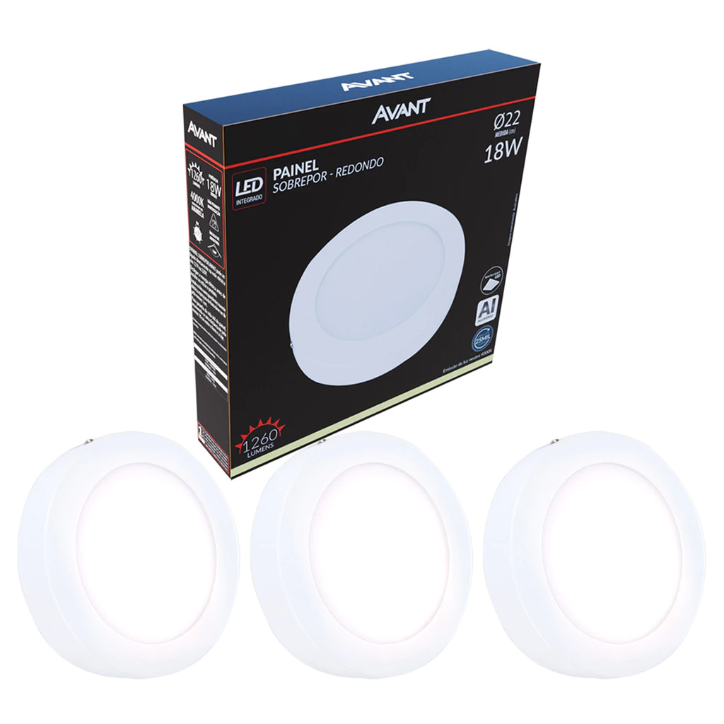 Kit 3 Painel Led Plafon Aluminio Sobrepor 18w 4000k Branco Neutro 22cm 110v/220v Bivolt Redondo Cod:767100870-3 Avant