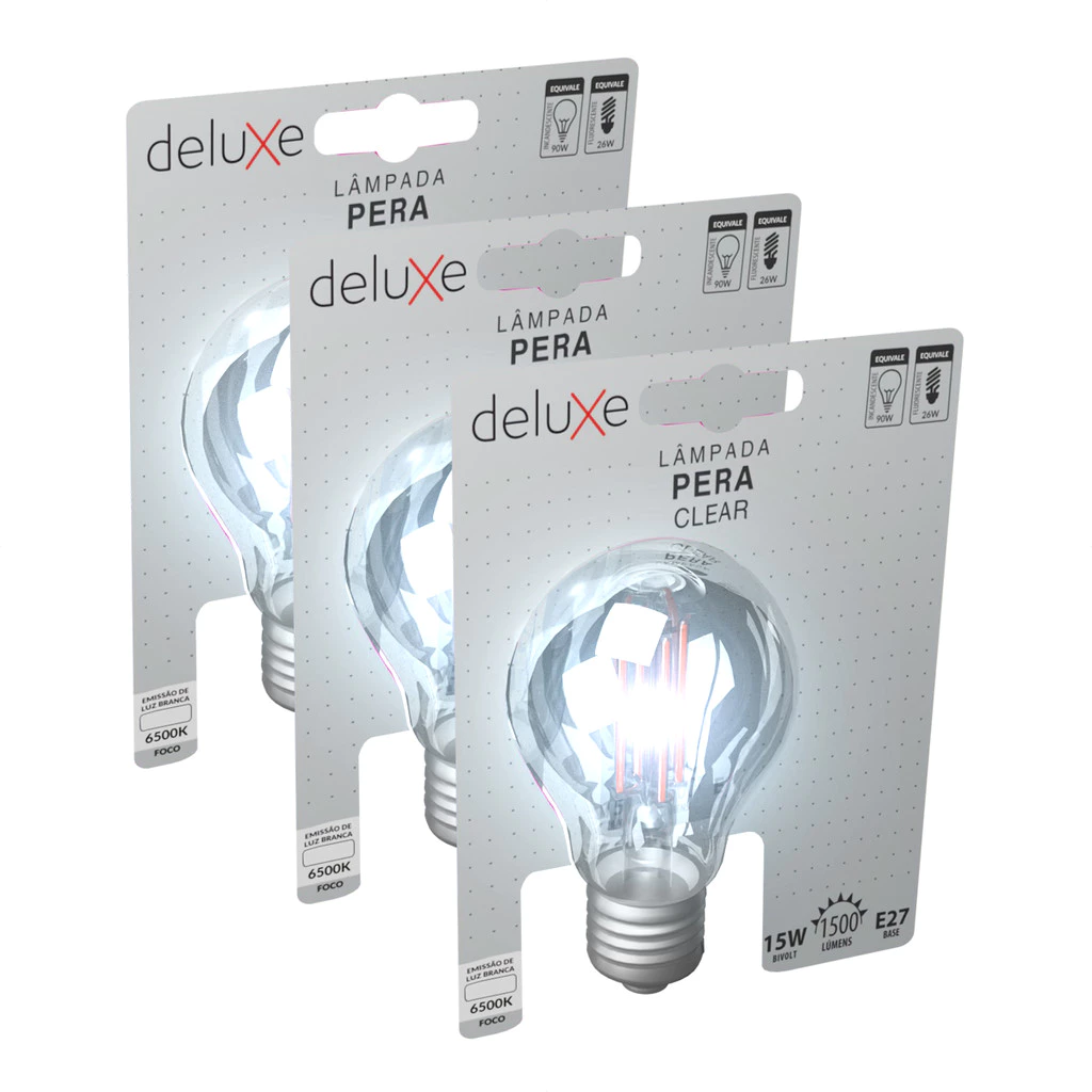 Kit 3 Lampada Led Pera Filamento Clear 15W 6500K E27 Deluxe