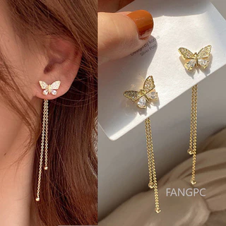 S925 Brincos De Agulha Prateada , Desenho De Uso Duplo Estilo Coreano Com Diamantes Borboleta E Borlas Longas