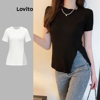 Lovito Camiseta Simples com Fendas para Mulheres LNE16261 (Multicolorido)