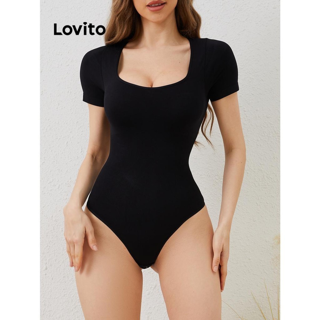 Lovito Body elegante com gola quadrada lisa para mulheres LNL63125