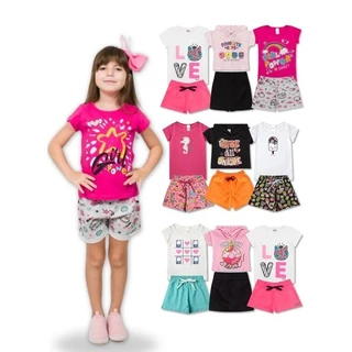 Kit Sortido 8 Peças de Roupas Infantil Criança Menina - 4 Camisetas + 4 Bermudas - Combo Promoção Conjunto Infantil Barato