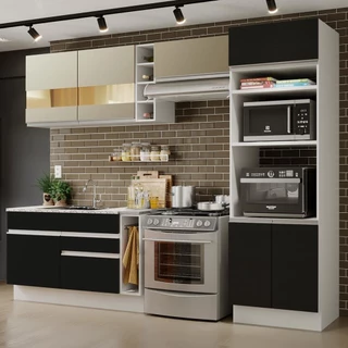 Cozinha Completa Madesa Cristal com Armário e Balcão (Sem Tampo e Pia) - Branco/Preto/Crema em Oferta na Shopee