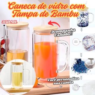 Caneca De Vidro Duplo 15Cm 350ML Com Tampa De Bambu Globo Para Personalizar E Canudo Decorativo em Oferta na Shopee