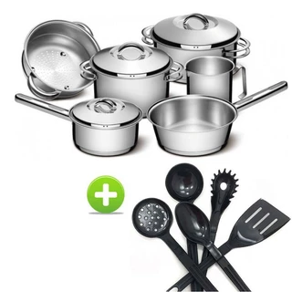 Jogo de Panelas Aço Inox Solar Tramontina Fundo Triplo Indução 6 Peças e Utensílios 5 peças Preto em Oferta na Shopee