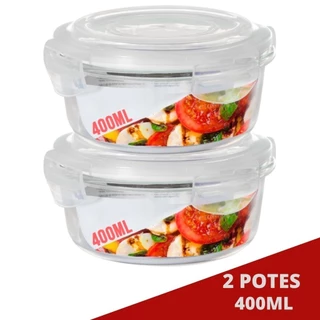 Kit 2 Pote Tampa Hermetica Redondo de Vidro 400ml Multiuso