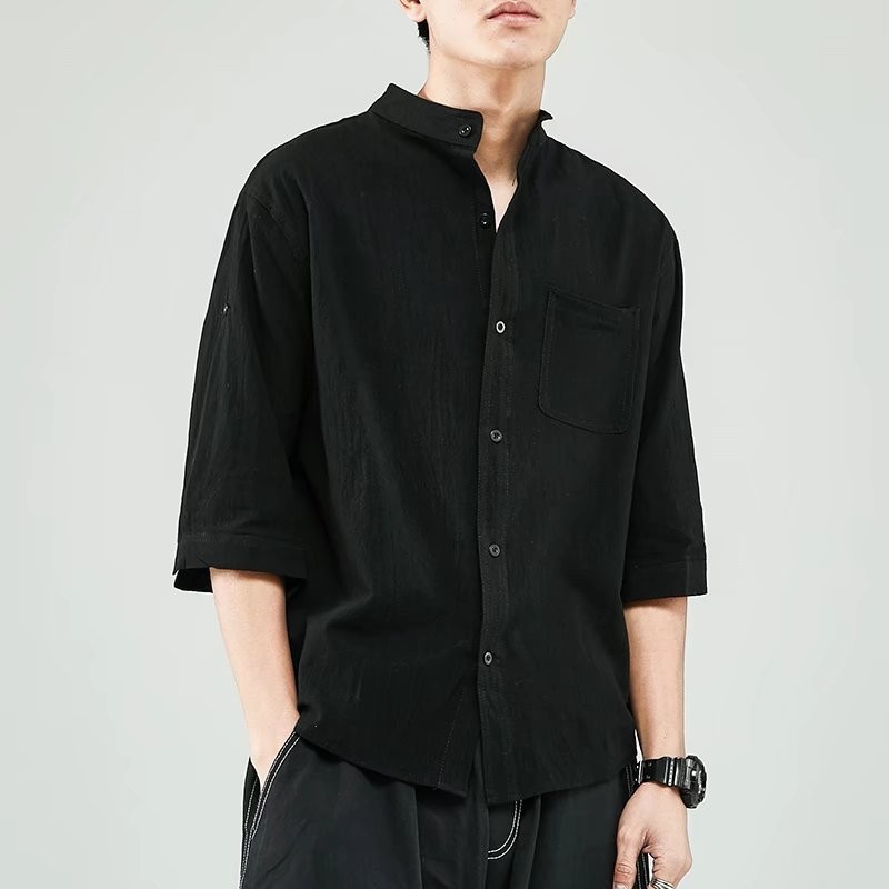 Camisa de Linho Homem Camisa Branca de Manga Curta Camisa Branca Solta Estilo Chinês Casaco Casual de Linho de Verão Camisa de Manga de Três Trimestres para Homens