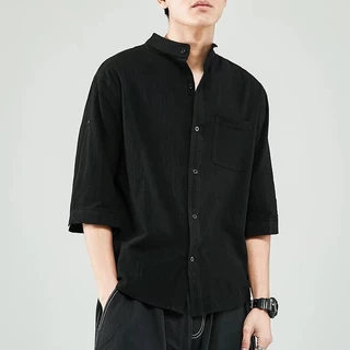 Camisa de Linho Homem Camisa Branca de Manga Curta Camisa Branca Solta Estilo Chinês Casaco Casual de Linho de Verão Camisa de Manga de Três Trimestres para Homens