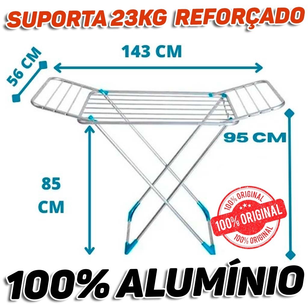 Varal De Chao Com Abas 100% Aluminio 143cm Reforçado Dobrável Retrátil Agrantt