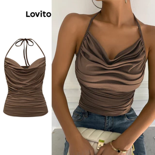 Lovito Regata feminina casual lisa sem costas plissada com cadarço LSL02009