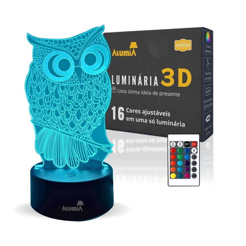 Abajur Luminária Decoração Led 3D Coruja Para Presente