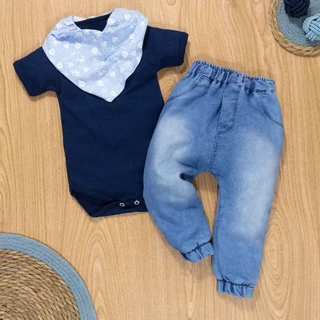 Conjunto Body Curto E Calça Jeans Com Bandana Marinho