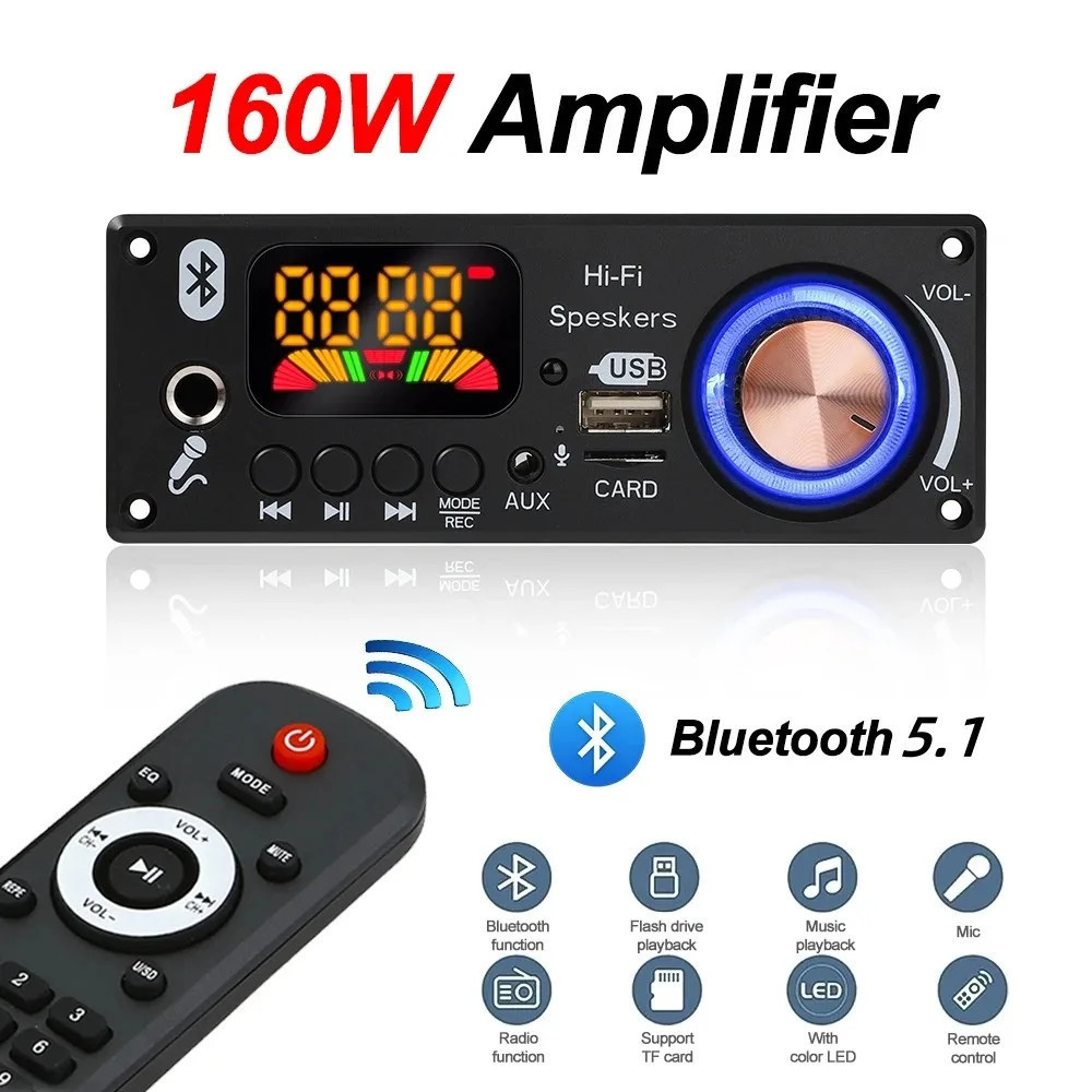 Placa Decodificadora MP3 Bluetooth 5.1 Amplificador De 160W Áudio Leitor De MP3 Para Carro Módulo De Rádio FM TF USB Chamada De Gravação De Microfone