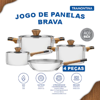 Jogo de Panelas Tramontina Brava Baquelite Aço Inox Fundo Triplo Cabos Alças Amadeirado 4 Peças