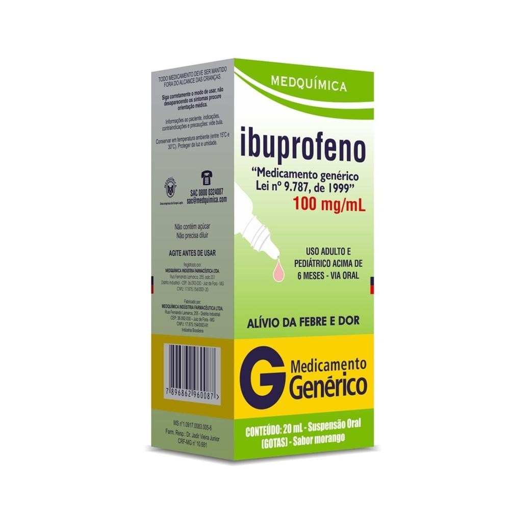Ibuprofeno 100mg/ml Medquimica Gotas Sabor Morango 20ml - Dor e Febre ...