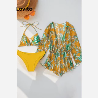 Lovito Boho Conjunto de Biquíni Feminino Tropical com Cordão e Laço Traseiro LNL41093