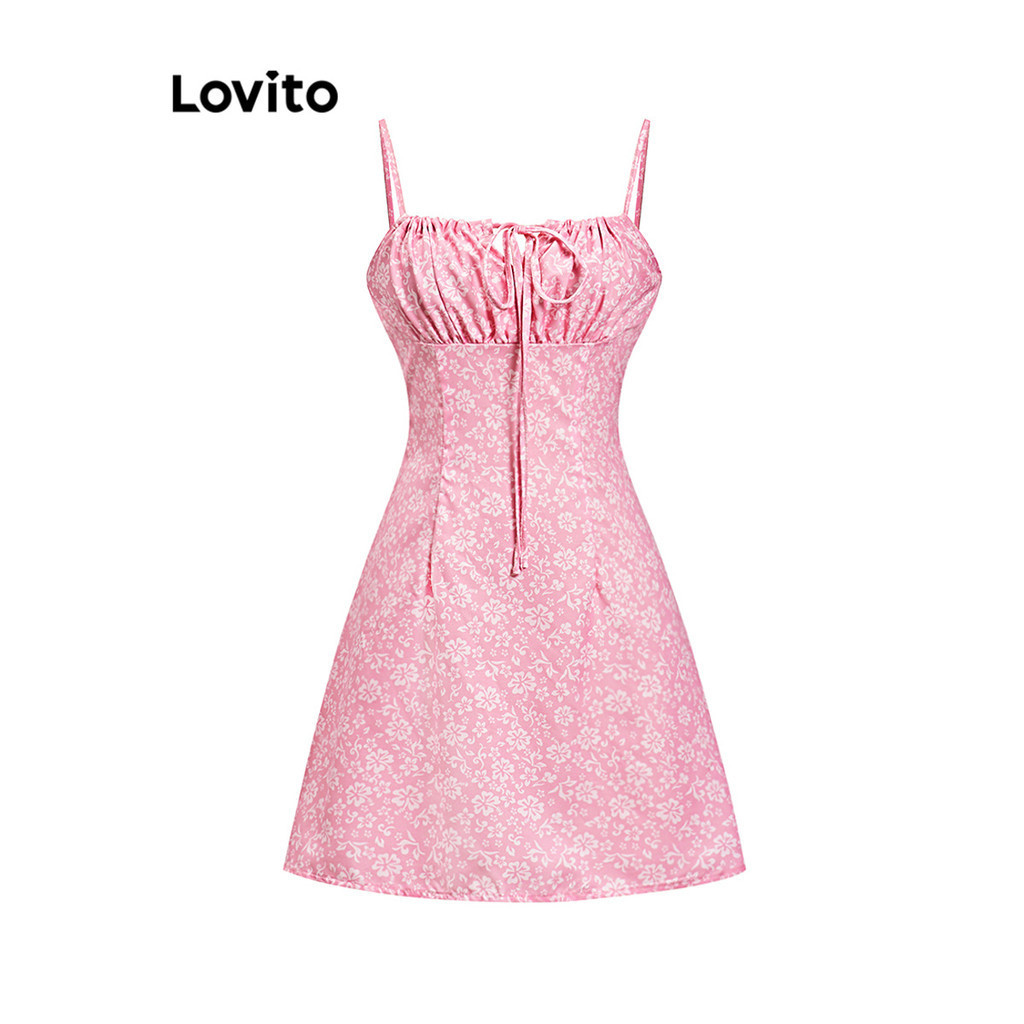 Lovito Vestido romântico Ditsy floral com amarração na frente e plissado para mulheres L94AD096