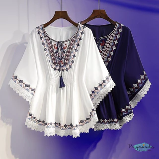 Mulheres Plus Size Camisa Imprimir Chiffon Retro Fino Casual 8899 1651