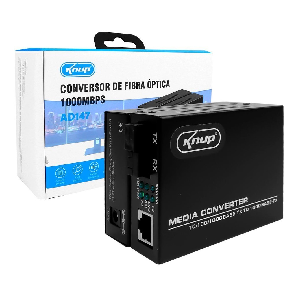 Par Conversor de Fibra Óptica Mídia Gigabit 1000mbps RJ45 A+B