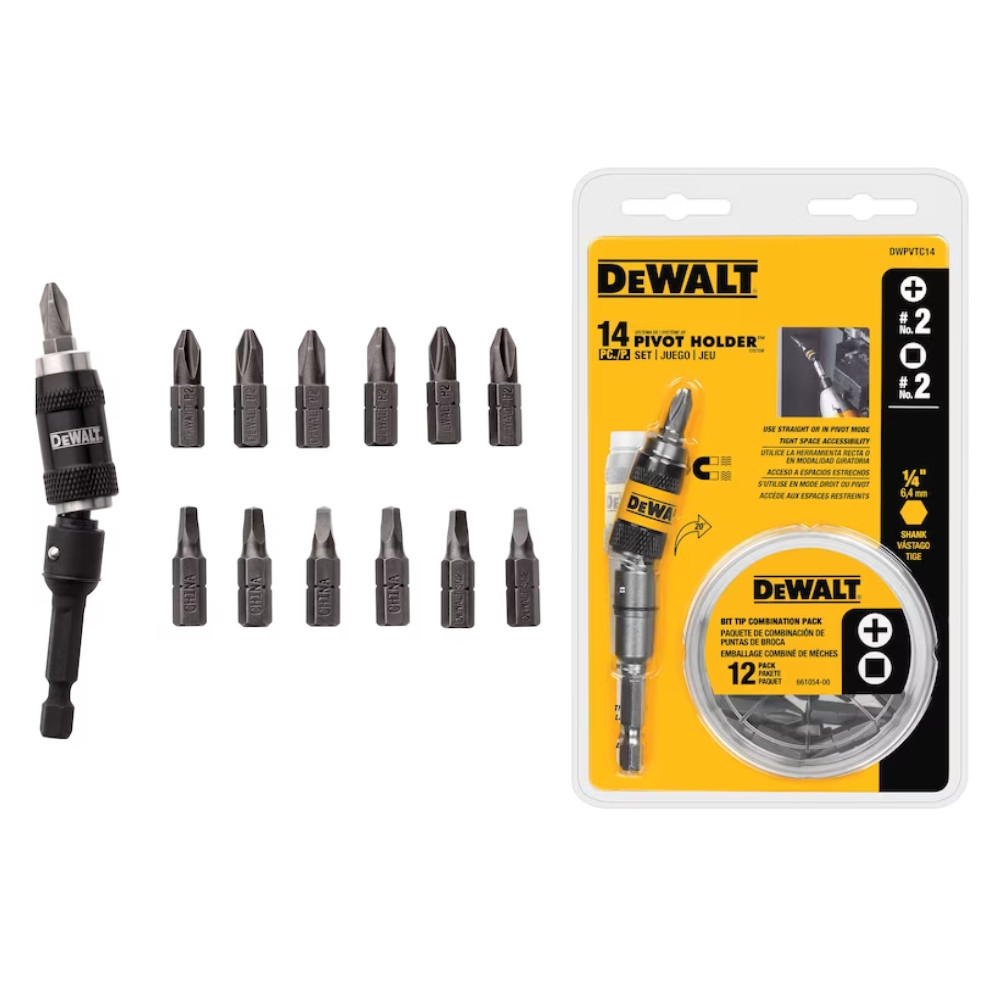 Adaptador Angular Para Parafusadeira Ponta Magnético DeWALT 1/4" Com 14 Peças Bits Espaços Pequenos E Apertados DWPVTC14