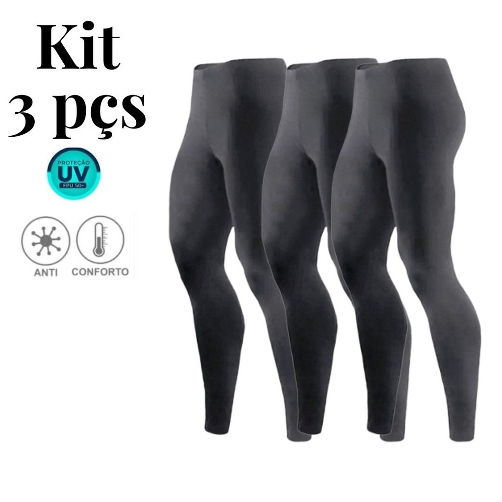 Kit 3 Calças Térmica Esportiva Masculina Segunda Pele Slim Proteção UV ...
