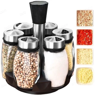 Porta Condimentos Giratório/Tempero Cozinha - Suporte com 6 Potes em Vidro + Suporte- 4 diferente furos de passagem de tempero