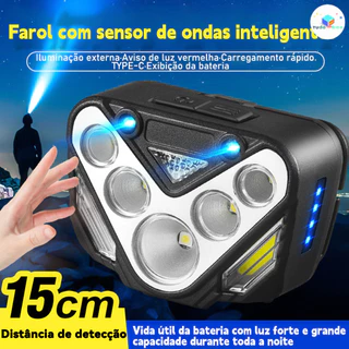5 Lanterna De Cabeça LED 3 Luzes Grande Foco Vermelho 53g Recarregável USB-C Sensor Gesto Para Pesca Noite Ciclismo