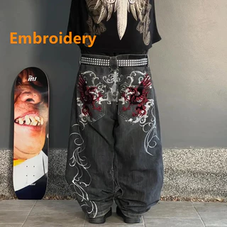Y2k Mulher Harajuku Fashion Trend Bordado Padrão Hip Hop Vintage Street Calças De Ganga De Perna Larga Reta Jeans