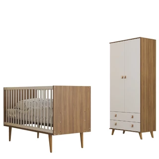 Dormitório Infantil Berço Americano e Guarda Roupas Para Quarto Bebê Encanto Madeirado / Branco Batr