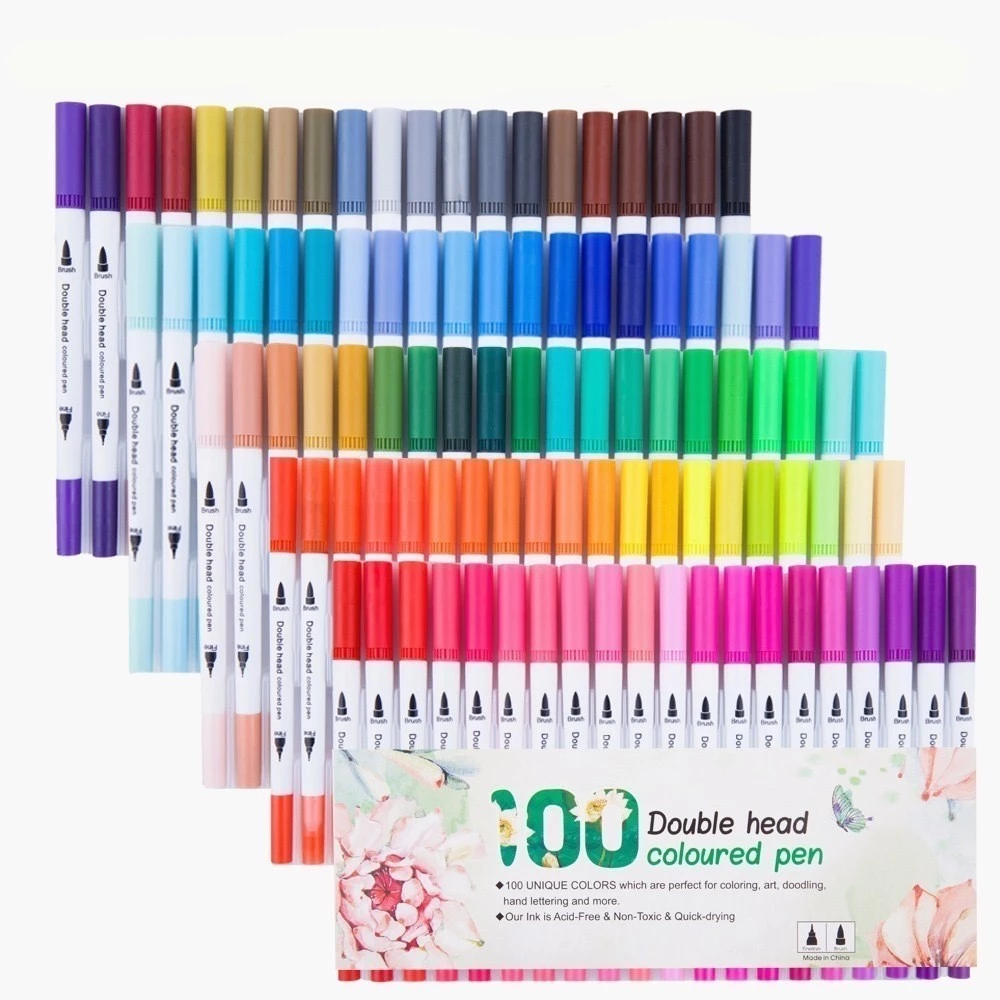 Kit De Canetas Com 100 Cores 2 Em 1 Brush Lettering E Ponta Fina Dual Pen Canetinha Colorir Desenho