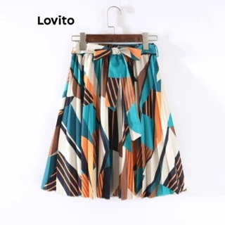Lovito Saia plissada casual patchwork colorblock com gravata frontal para mulheres LNL75142