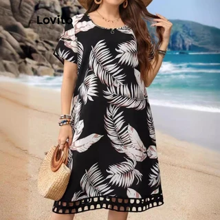 Lovito Vestido plus size curvo Boho com costura em tecido de penas para mulheres LNL75430