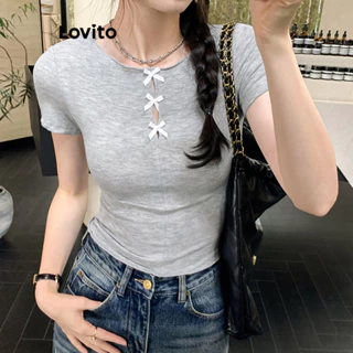 Lovito Camiseta feminina casual com laço liso na frente LNM75371
