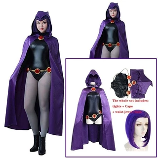 Adolescente Titans Raven Cosplay Fantasia Super-Herói Capa Macacão Zentai Halloween Roupas Apertadas + Corrente De Jóias De Cintura