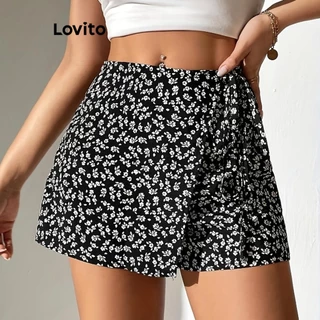Lovito Short casual Ditsy floral de dupla camada com cadarço para mulheres LNL77338