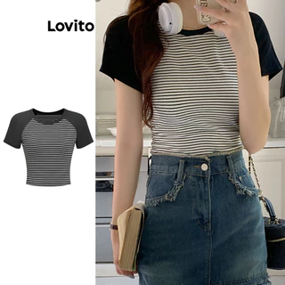 Lovito Camiseta básica casual listrada com blocos de cores para mulheres L100MD402
