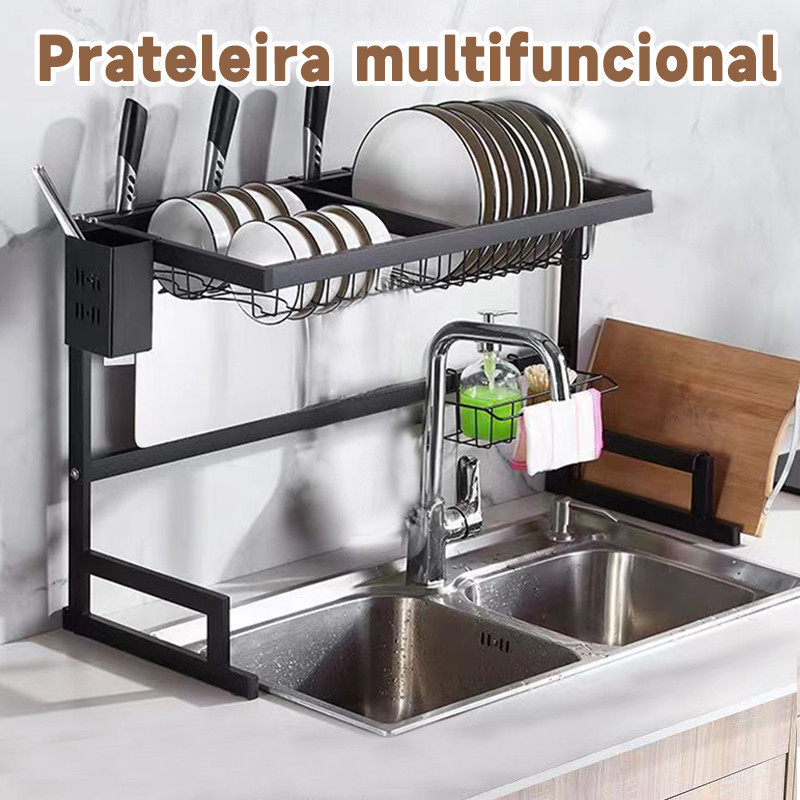 Escorredor Aço Inoxidável Organizador Louça Preto Suspenso Bancada Autossustentável 65cm OU 85cm