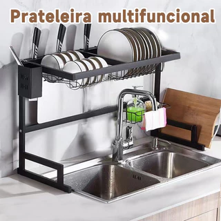 Escorredor Aço Inoxidável Organizador Louça Preto Suspenso Bancada Autossustentável 65cm OU 85cm