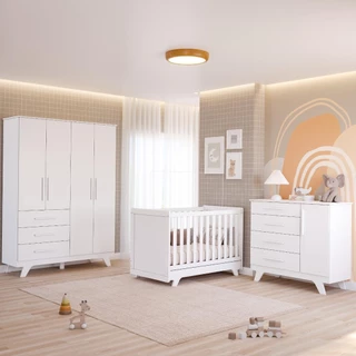Quarto Bebê Retrô Completo com Guarda Roupa 4 Portas Berço Mini Cama Cômoda 4 Gavetas Móveis Peroba