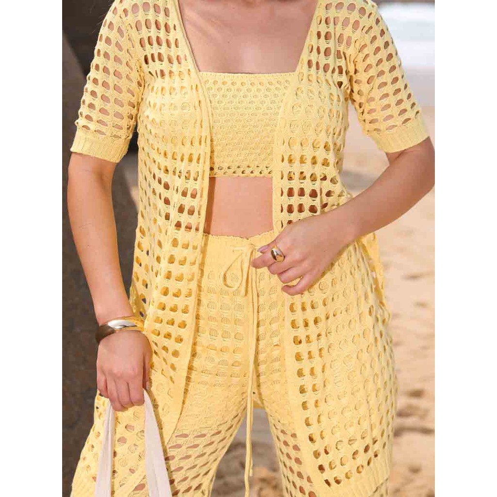 Conjunto Peças Saída de Praia Tricot Crochê Calça com Forro Top