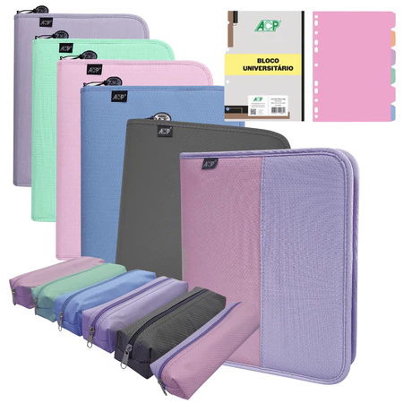 Caderno fichário argolado universitário com bloco 6 divisória e estojo