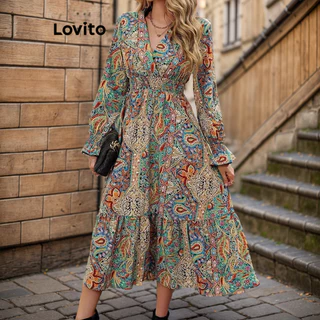 Lovito Vestido boho tribal estampado com bata para mulheres LNL57040